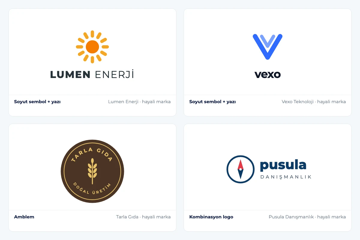 Kurumsal logo örnekleri: Lumen Enerji ve Vexo Teknoloji soyut sembol logoları, Tarla Gıda amblemi ve Pusula Danışmanlık kombinasyon logosu