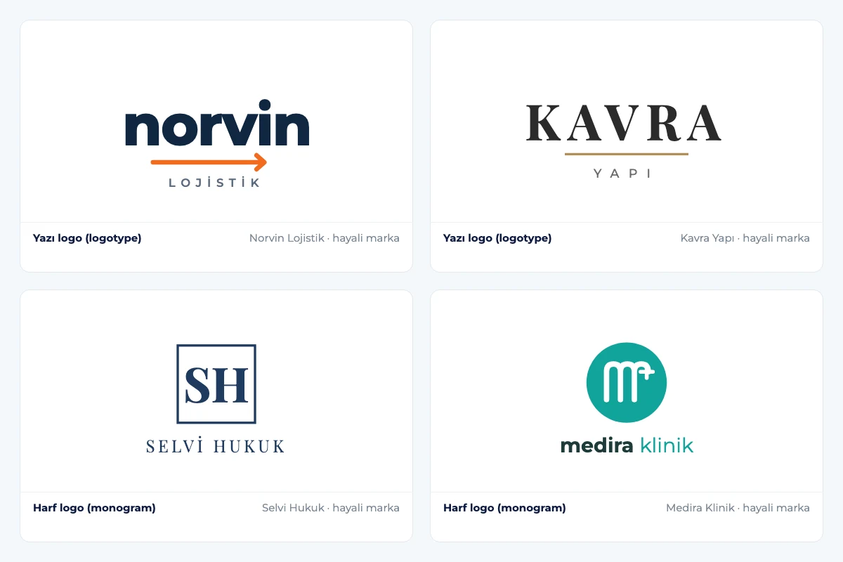 Kurumsal logo örnekleri: Norvin Lojistik ve Kavra Yapı yazı logoları, Selvi Hukuk ve Medira Klinik harf logoları