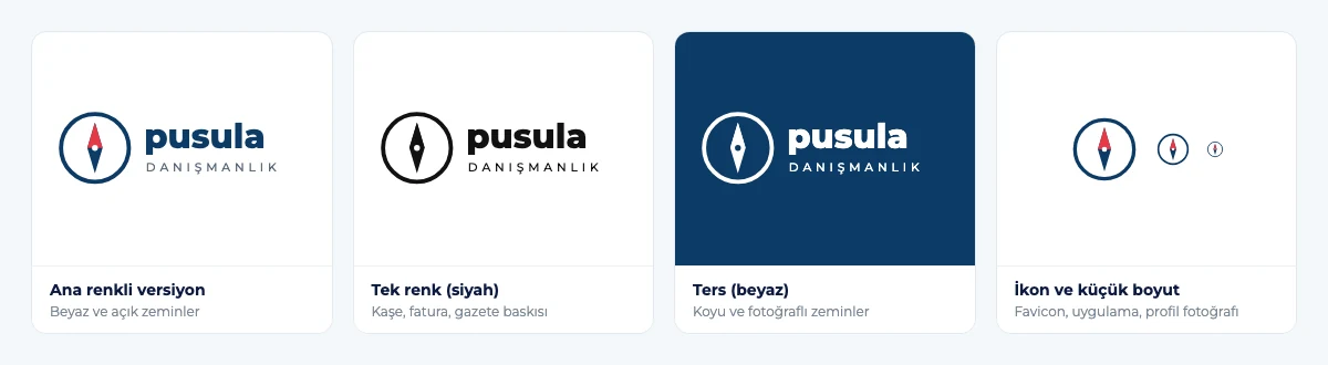 Kurumsal logonun ana renkli, tek renk siyah, ters beyaz ve küçük boyut ikon versiyonları
